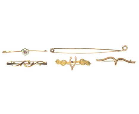 A collection of five late 19th/early 20th Century bar broochesTo include; a 15k gold gem set horseshoe bar brooch, with filig