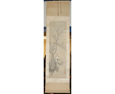 A CHINESE HANGING SCROLL PAINTING, depicting two birds perched on a blossoming tree, also with calligraphy and an artist's se