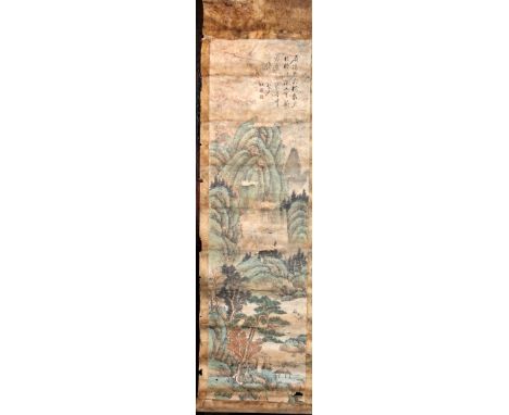 A CHINESE HANGING SCROLL PICTURE, decorated with calligraphy and a mountainous landscape setting, the picture itself 50in x 1