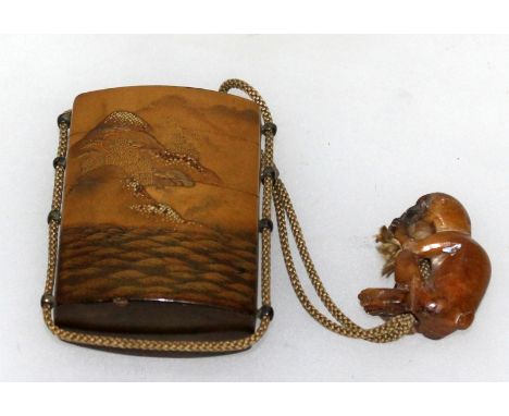 A GOOD QUALITY JAPANESE MEIJI PERIOD THREE CASE GOLD LACQUER INRO, together with a carved soapstone netsuke of a monkey, the 