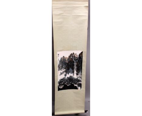 A CHINESE SCROLL PICTURE OF A MOUNTAINOUS LANDSCAPE, the picture itself approx. 21.5in x 13in.