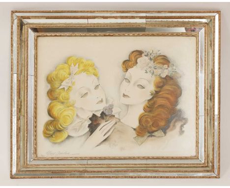 Yves Gueden (French, fl.1940s)Two elegant ladiesaquatint, signed and numbered 3/200 in pencil45.5 x 55cm, in a carved wood an