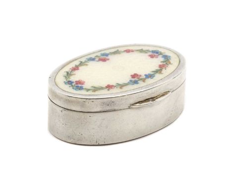 An Austrian silver enamel pill box,by Georg Adam Scheid, Dianakopf 900 mark, of oval form, the base with engine-turned decora