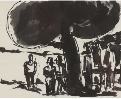 ▴ Josef Herman RA (1911-2000)Figures under a treepen and ink over pencil20 x 25cmCondition ReportFramed size 47.5 x 52cmNot v