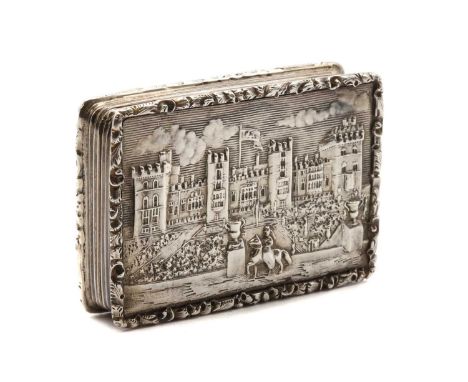 A Victorian ‘Castle-top’ silver vinaigrette, by Francis Clark, Birmingham 1838, of rectangular form, the hinged cover depicti