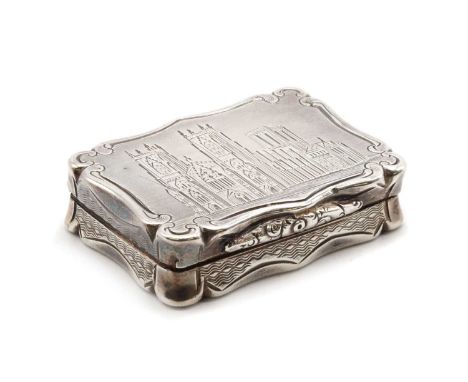 A ‘Castle-top’ silver vinaigrette, by William Dudley, Birmingham 1850, rectangular form, engine turned sides and base, the co