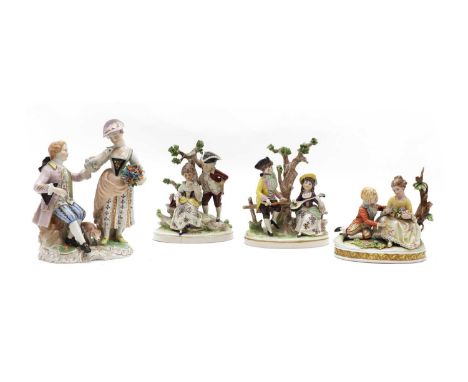 A group of four continental porcelain figure groups 20th century, comprising three Capodimonte examples and one Dresden all m