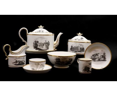 A Spode porcelain tea and coffee service,c.1815, bat printed en-grisaille with rural landscapes, gilt lined borderswith; teap