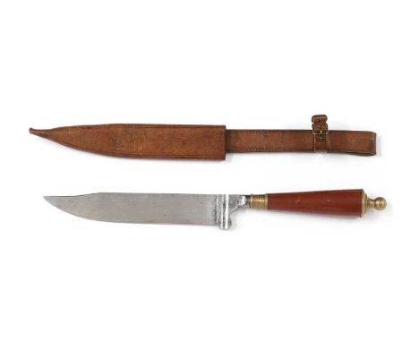 An Italian hunting knife,19th century, the steel blade fixed to a tapering turned wooden grip with a brass pommel and mounts,