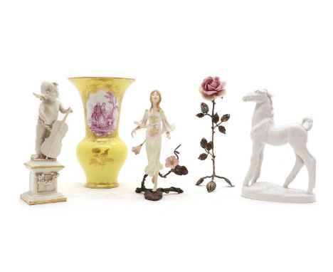 A Meissen porcelain blanc de chine figure,20th century, modelled as a horse cm high Dresdentogether with a Crown Derby vase,p