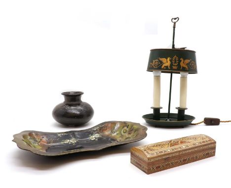 A Tunbridge Ware box,the hinged lid, revealing a plush interior, 23.5cm wide,together with a hardwood vase, of squat form, wi