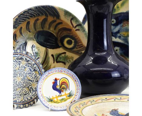 A collection of Continental pottery plates to include an Henriot Quimper example depicting a cockrell, painted marks, 23cm di