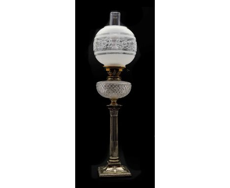 An Edwardian silver-plated and brass corinthian column oil lamp,Hinks's Duplex Patent, the cut glass reservoir with matching 