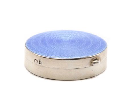 A small silver compact,by Henry Clifford Davis, Birmingham 1929, of circular form, with blue guilloche enamel lid, 3.2cm diam