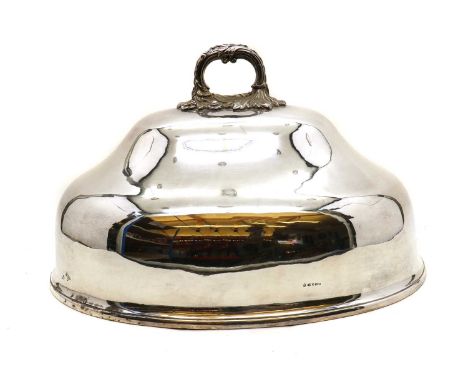 A large silver plated domed meat cover by Hawksworth Eyre and Co,19th century, with acanthus and foliate cast handle and engr