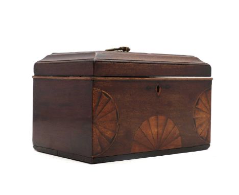 A George III mahogany and inlaid tea caddy,the cover with central fan decoration and brass handle, repeated half fans to the 