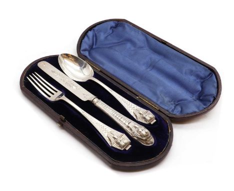 A Victorian Egyptian Revival silver christening set,by Martin Hall &amp; Co, Sheffield 1873, comprising knife, fork and spoon