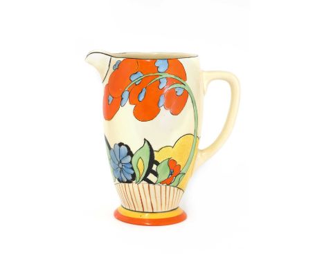 A Clarice Cliff ‘Devon’ Coronet shape water jug,with hand-painted decoration of a landscape, stamped to the underneath with '