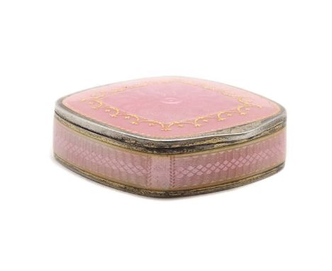 A Norwegian enameled pill box,by David Andersen, of cushion form, the sides and lit with pink enamel over an engine turned gr