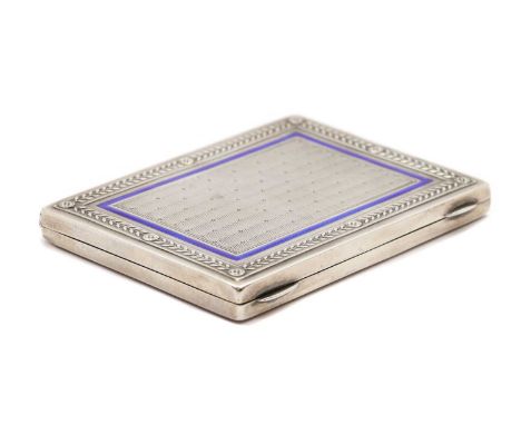An Austrian enamelled silver cigarette case,1870, by Georg Adam Scheid, with Dianakopf 900 mark, the lid with engine turned d