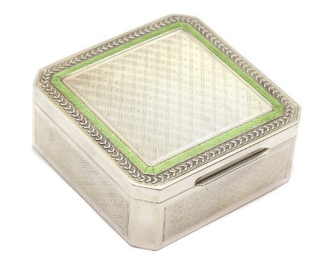 An Austrian silver and enamelled box,by Georg Adam Scheid, with Dianakopf 900 mark, with engine-turned decoration, the lid wi
