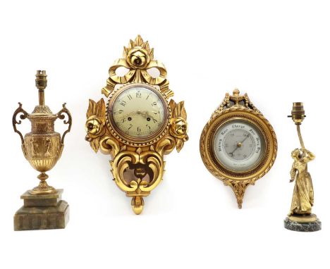 A gilt cartel clock, of recent manufacture, with a Swedish movement striking on a bell, the circular dial with Arabic numeral