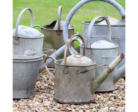 A group of galvanised garden items,including five watering cans, the large oval can with a rose, 49cm high, two 1.5-gallon an
