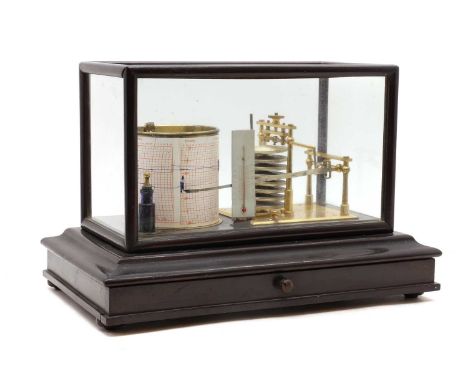 An ebonised barograph,by Ross, London, no. 821833, complete with thermometer, ink and paper in the base drawer,36cm long25cm 