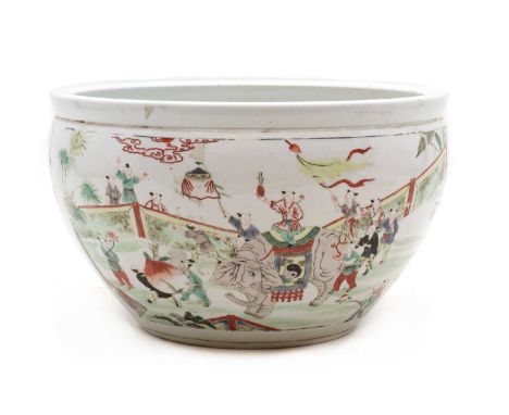 A Chinese wucai jardiniere,20th century, of tapering form painted with boys in a garden in shaped panels,28.7cm diameterCondi