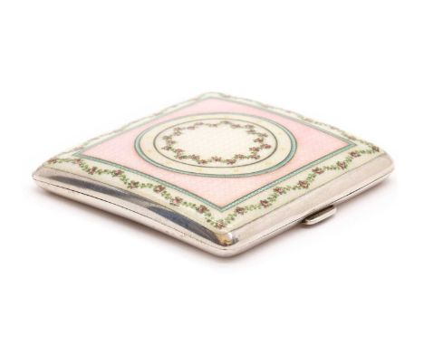 An Austrian silver and enamelled cigarette case,c.1890, by Georg Adam Scheid, the lid decorated with a painted floral wreath 