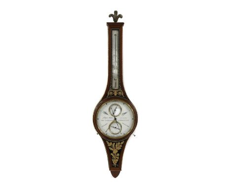 A mahogany and verre églomisé cased wheel barometer,of recent manufacture, in the Regency style,123cm highCondition ReportFle