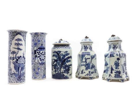 A collection of Chinese blue and white porcelain 19th comprising: three jars and covers with looped handles, two tall cylindr