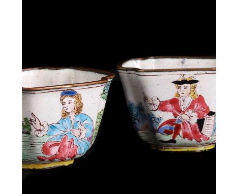 A pair of small Chinese enamel cups,19th century, of square shape with re-entrant corners, painted with European figures in a