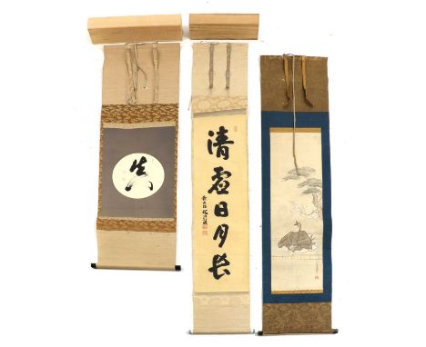 A group of three Japanese hanging scrolls,20th century, of prints on paper, comprising one in the style of Sasaki Senkei (177