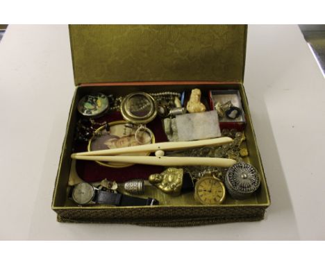 A box containing a fob watch; a pair of jasperware cuff-links; a bead necklace; a miniature portrait; a silver thimble; costu