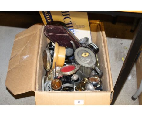 A box containing various metalware, a teapot, trophies etc.