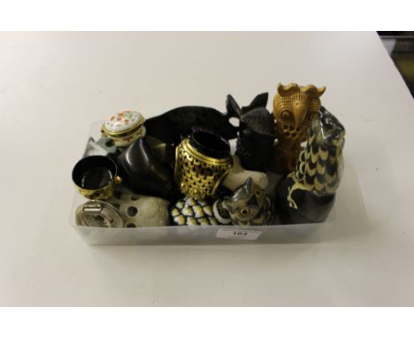 A collection of various small owl ornaments; a modern enamel pill box etc.
