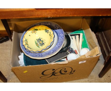 A box containing various china, books, a barometer, picture frames, textiles etc. 