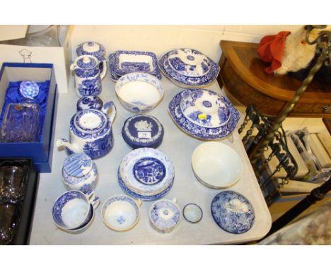A quantity of various blue and white china to include George Jones patterned teapot; a Wedgwood jasperware pot and cover etc.