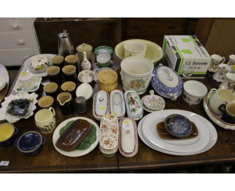 A large quantity of various china and glasses to include soap dishes, enamel pot, Wedgwood Kutani Crane vase, blue and white 