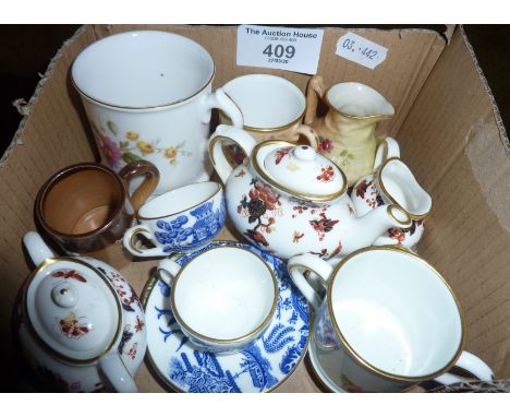Quantity of miniature porcelain items, inc. teapots, etc. Makers include Worcester, Crown Derby, etc.