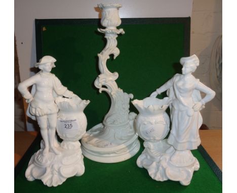 Royal Worcester porcelain candlestick, no. 1478, and a pair of white china figural vases (A/F)