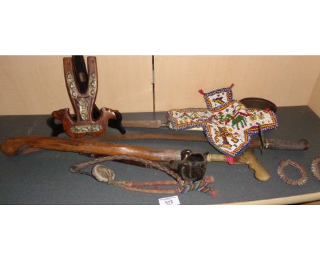 Tribal Art - North American Indian beadwork panel, African necklace or whip, a small Tulwar sword (A/F), a Scandinavian wood 