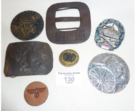 German and Russian military items, inc. belt buckles, medallions, badges, compact mirror, etc.
