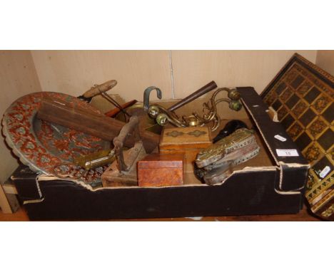 Shelf of assorted brass and metal items and an inlaid backgammon/chess box