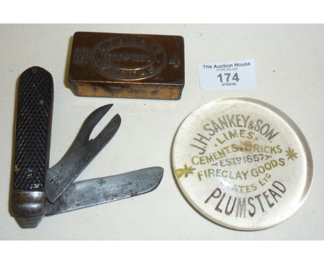 WW2 pocket knife marked with military arrow - "1940", R. Bell &amp; Co. Vestas tin, and a Sankey &amp; Son Brick Co. of Plums