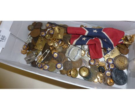 Shoebox containing old coins and enamel badges, etc.