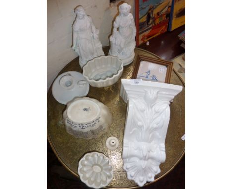 Brown &amp; Polsons china blancmange mould, two jelly moulds, a pair of Parian ware figures, a white glazed wall bracket and 