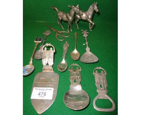 A Danish Alex Prip silver-plated cake slice, a similar caddy spoon, bottle opener, together with a Norway souvenir spoon by M