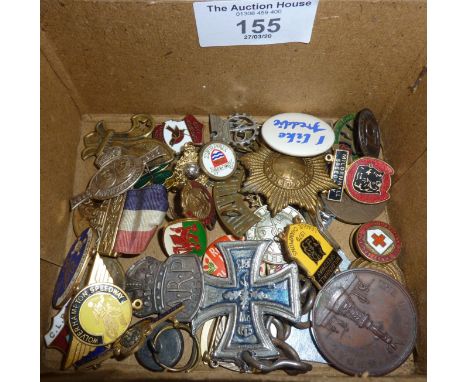 Collection of enamel badges, inc. a WW2 ARP and other military, Speedway badges, medallions, etc.